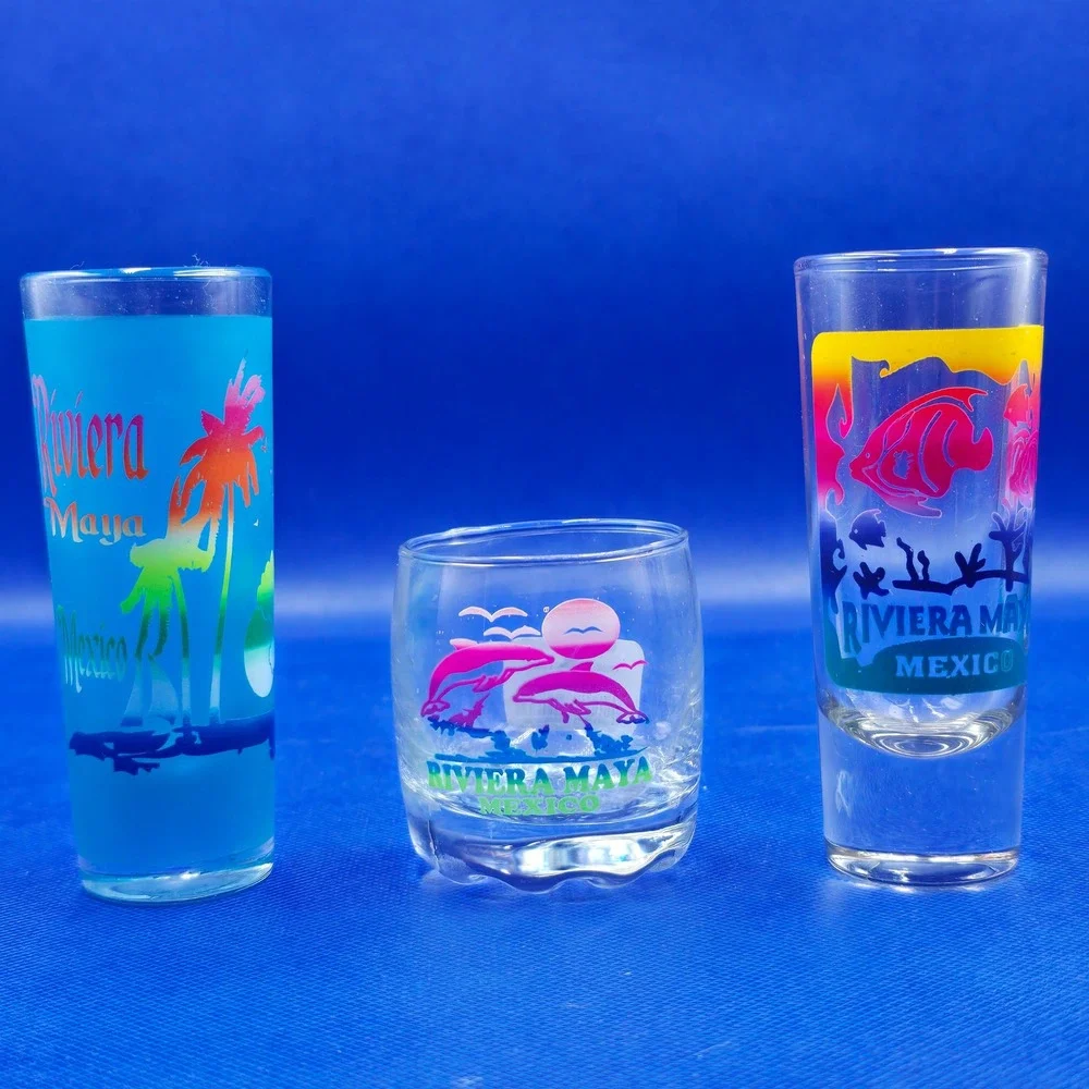 Riviera Maya Mexico Souvenir Shot Glasses Set of 3 Dolphin Fish Palm Tree